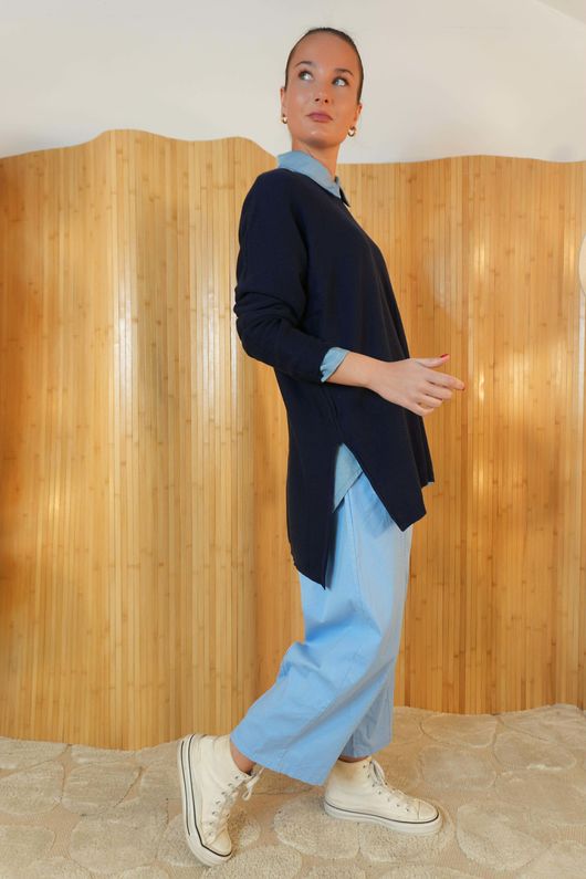 Winnie Ribby Stretch Longline Fine Knit Navy